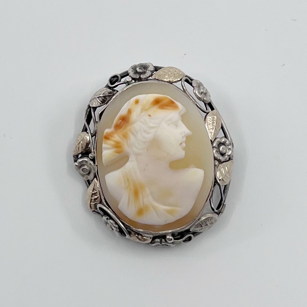 Art nouveau 12k gold filled sterling silver shell cameo brooch - GM927